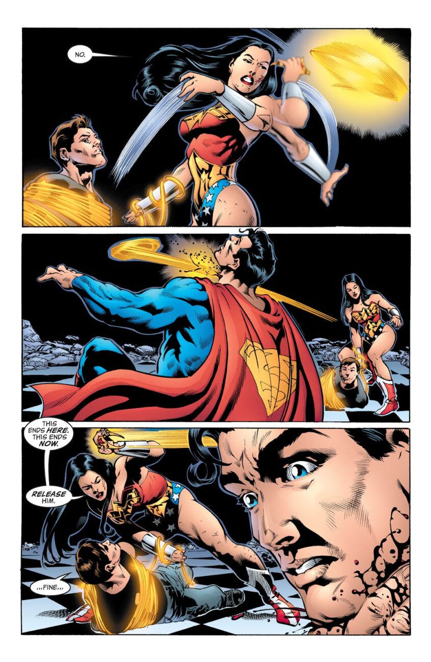 Wonder Woman tiara slice Supermas throat