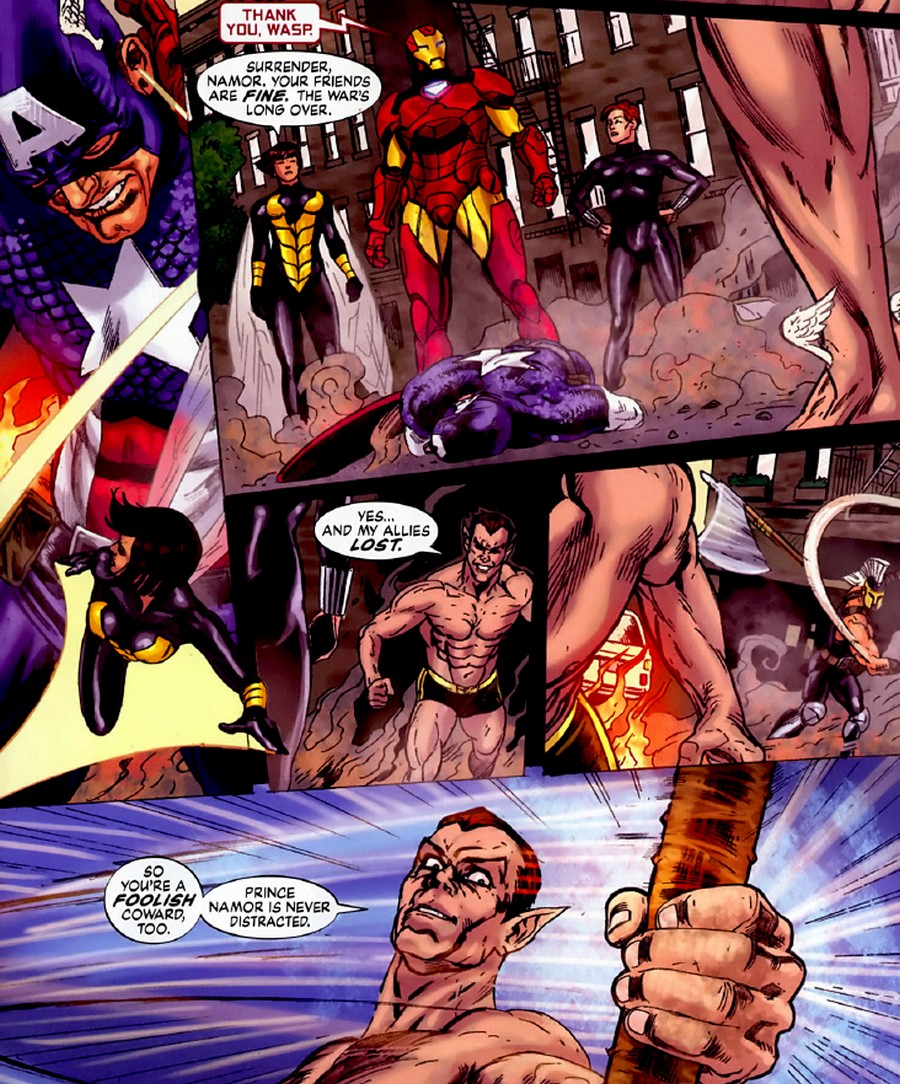 Namor catches Ares axe thrown from behind
