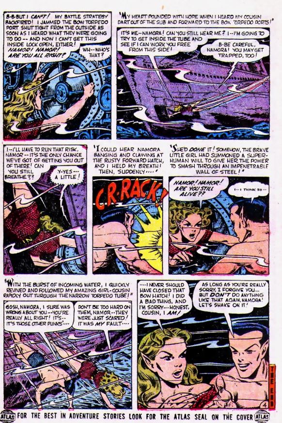 Namora rescues Namor from the torped tube