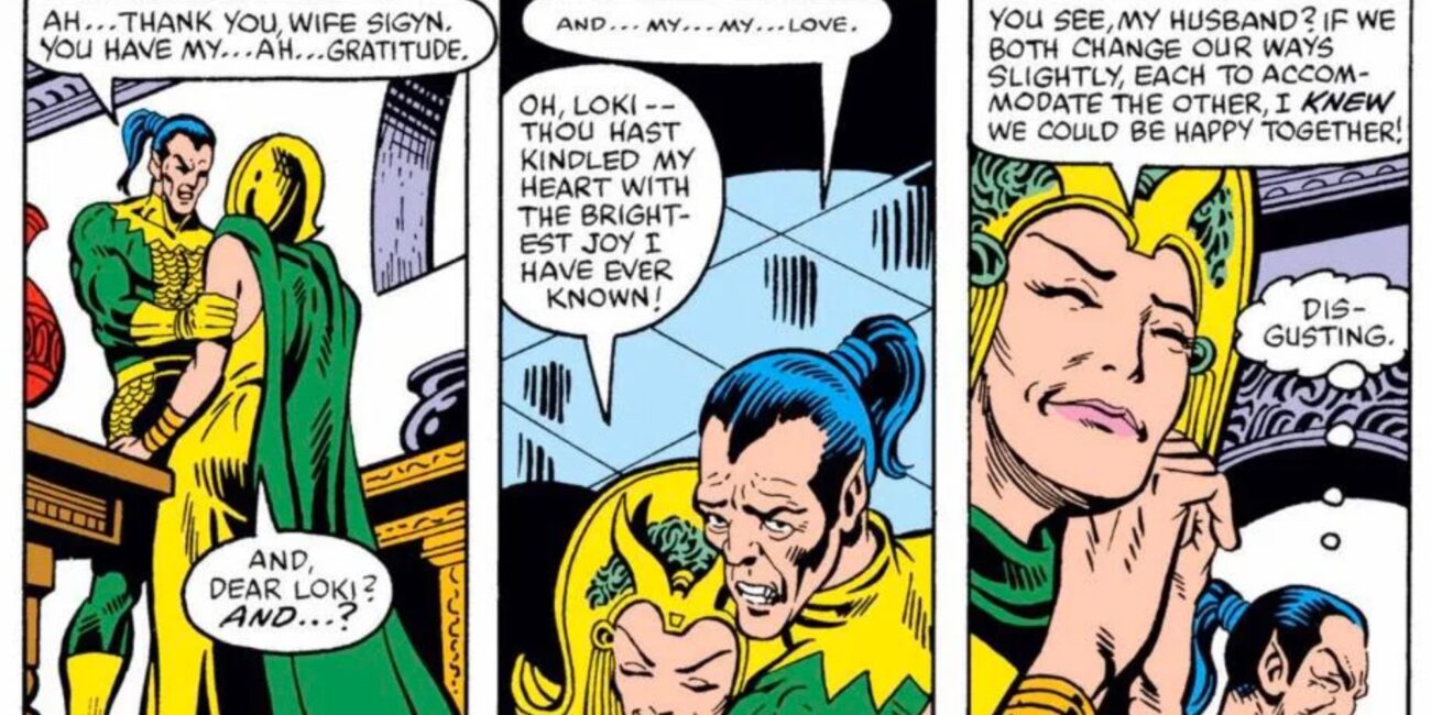 Sigyn and Loki embrace in Marvel Comics