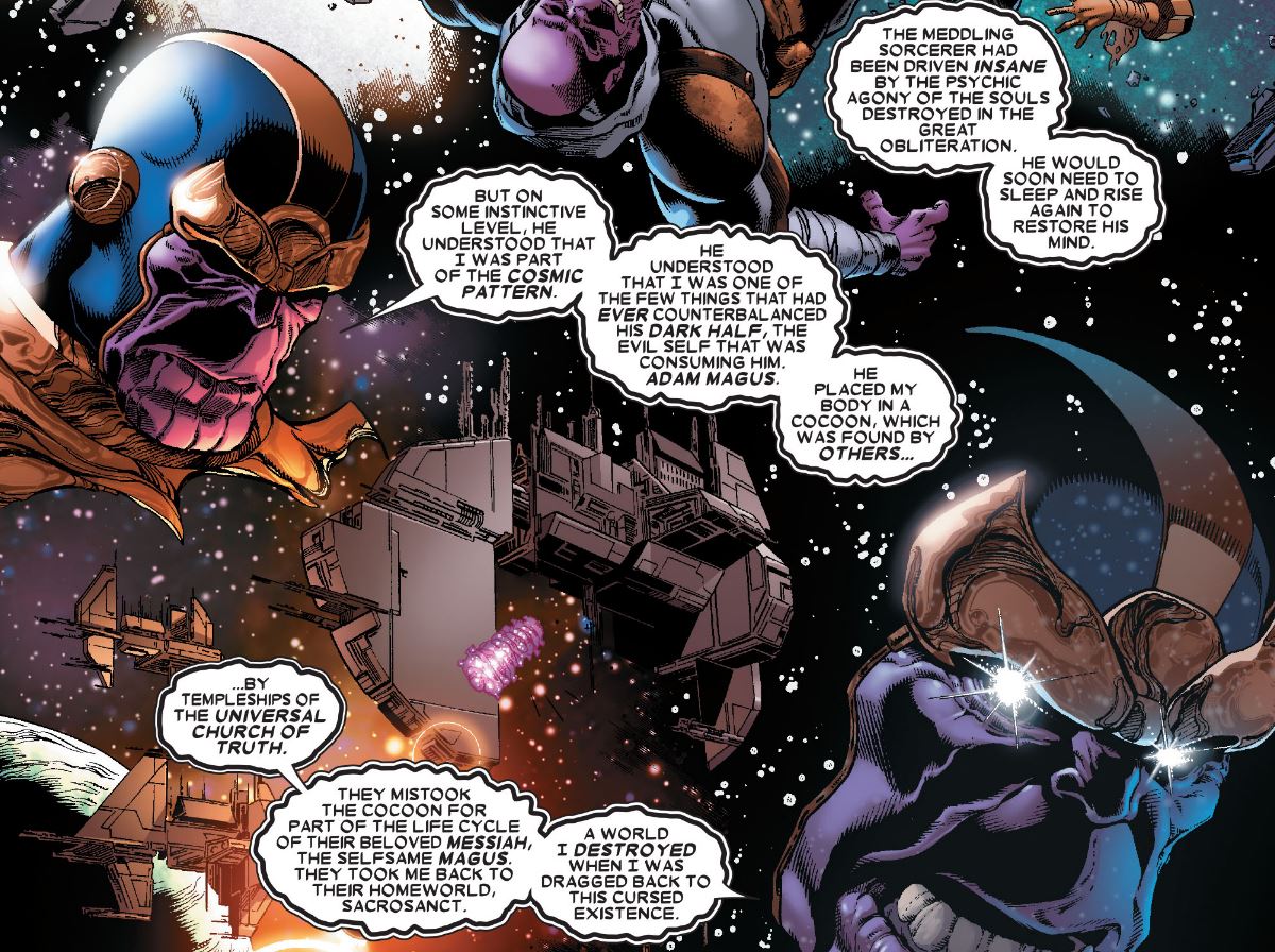 Adam Warlock heals Thanos in a cocoon
