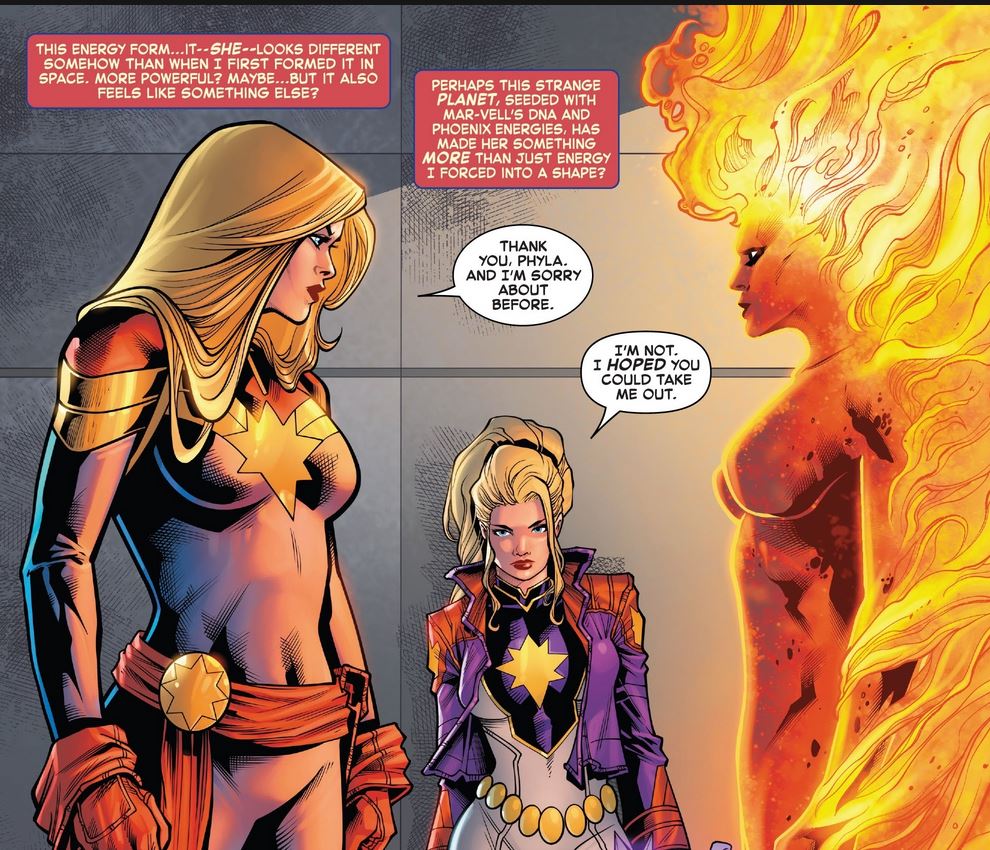 Captain Marvel looks at energy form