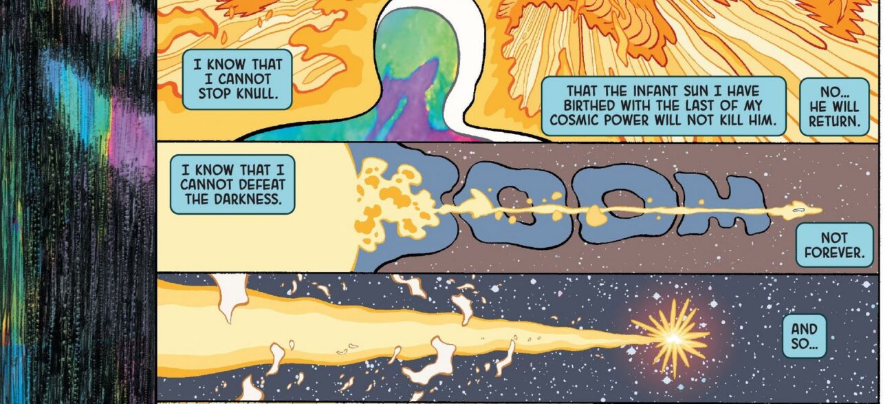 Silver Surfer gives up the last of his power cosmic to create a sun